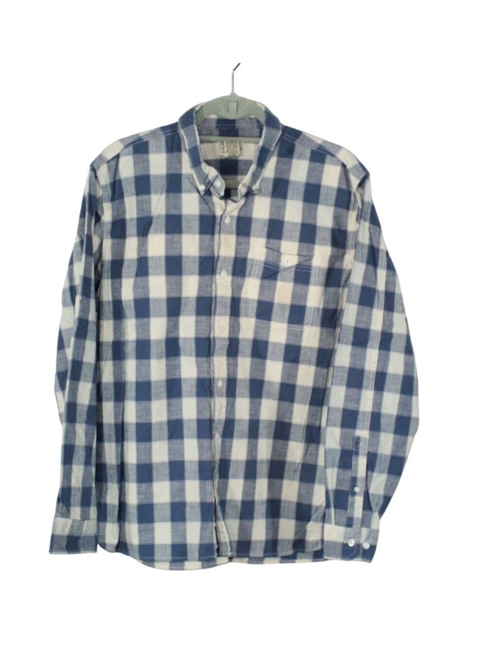 LL Bean Comfort Stretch Chambray Shirt Blue Plaid Layering Casual Work Large